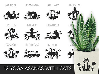 Yoga poses. Cat stickers, silhouette