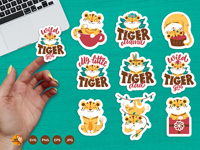 Set of baby tigers & lettering cartoon character design flat illustration lettering logo stickers tiger tigers vector