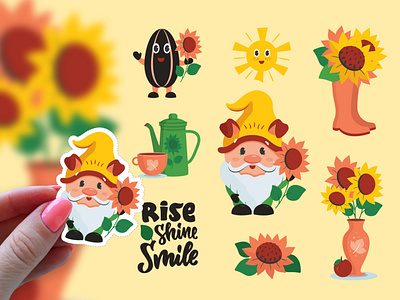 Sunflowers and gnome stickers cartoon character cute design flat gnome illustration lettering logo sticker stickers sunflower sunflowers vector