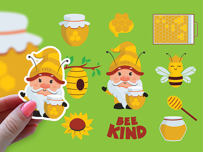 Set of Gnome and bee bee bee clipart cartoon character design gnome illustration lettering logo quote sticker stickers vector