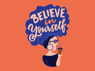 Girl illustration with coffee and quote