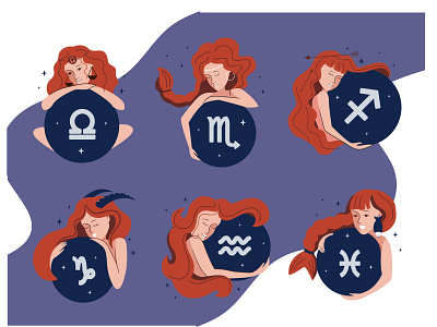 Magic set of zodiac girls cartoon character constellation design flat illustration lettering logo magic vector