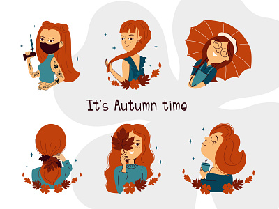 Set of Autumn girls autumn cartoon character design fall flat girls holiday illustration lettering logo portrait stickers vector women