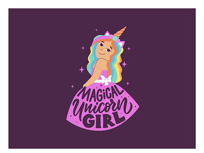 Magical Unicorn girl baby cartoon character design flat girl illustration kids lettering logo magic rainbow unicorn vector