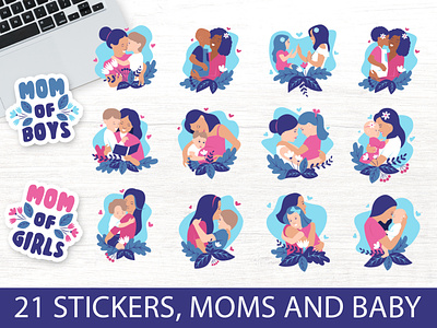 Mother hugging baby sticker set baby cartoon character design flat hugging illustration lettering logo love mom mother mothers vector