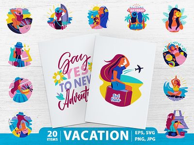 Set of Vacations. Best Girls’ Trips cartoon character design flat girls illustration lettering logo resting stickers travel vacation vector women