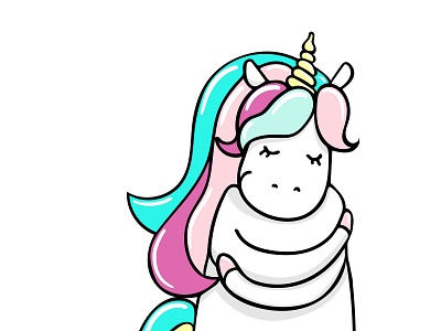 Little unicorn is cuddling yourself handdrawn magic outline unicorn