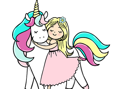 Little girl is cuddeling unicorn. bff cuddle fairy girl outline unicorn