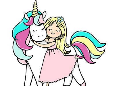 Little girl is cuddeling unicorn.