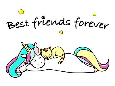 Best friend forever cat friend handdrawn outline unicorn