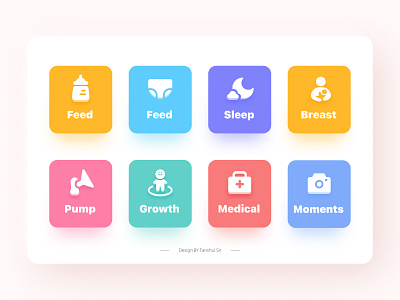 Baby Log: Newborn Tracker icon app ios ui 卡片 可爱的 吃药 图标 图案 大便 女性 奶嘴 妈妈喂奶 婴儿 孩子 尿布 开心 彩色 按钮 粉色 记录