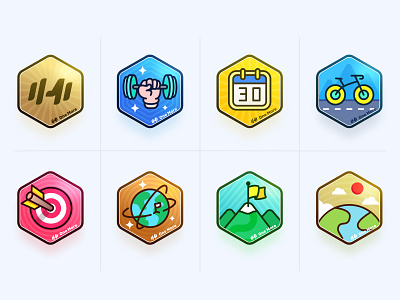 One More - Growth Badge design icon illustration 举铁 六边形 别针 剪纸 勋章 定位 彩色 徽章 成就 打卡 探险 日出 标志 爬山 自行车 贴纸 骑行