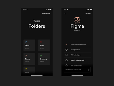 Folder based To Do App - Dark Theme Mobile app dark ui design flat gradient icon minimal mobile ui monochromatic outline todoapp todoist ui