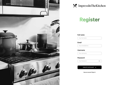 Register Page for recipes page