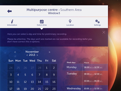 Multipurpose Centre app calendar flat globe map menu minimal tabs timetable transparency ui web