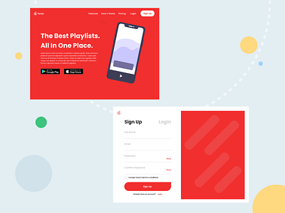 Landing page and Sign Up page for mock music service called Vyny