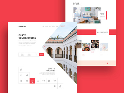 Charming Riad hotel homepage booking clean color design flat graphic design homepage hotel icons interface landing page modern red template ui ui design ux web web design website