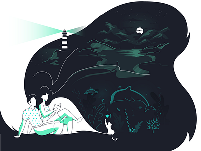 Crafting stories through design | Illustration animal cat character color creative creative agency design design studio digital fish flat illustration illustrator landscape lighthouse moon mountain night underwater vector