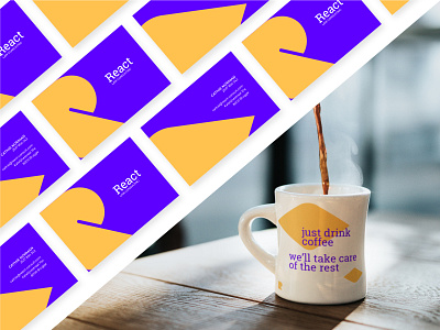 React | Business card & Mug brand brand identity branding business card color design flat graphic graphic design identity logo logo design mark minimal monogram mug print purple vector yellow