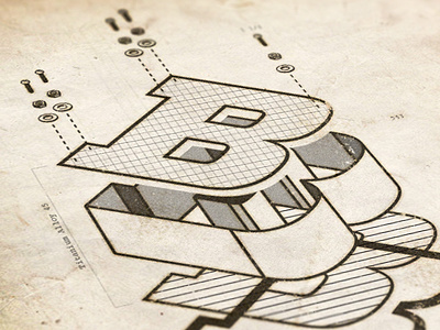 Letter B Exploded technical typography vintage