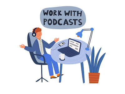 Take a break with poscast computer educate flat freelancer illustration listen men office poscast relax stress typography vector work