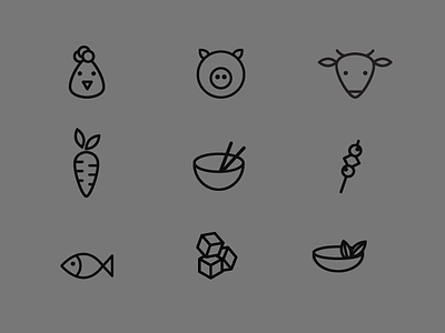 Icons asian carrot chicken cow fish kabob pig poultry salad stir fry tofu
