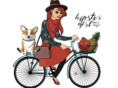 Bicycle Hipster Girl bicycle character corgi design doodle girl handdrawn hipster illustration vector