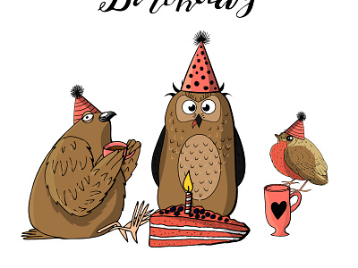 Cartoon cute party animals animal bird birthday cartoon character cone cute design doodle handdrawn hat illustration owl pigon vector