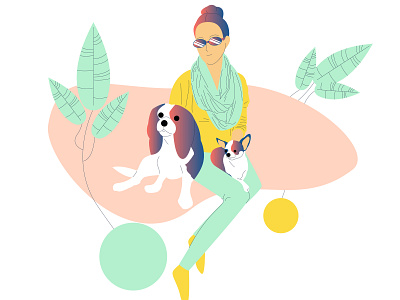 a girl And Two Dogs character design dog flat girl illustration vector