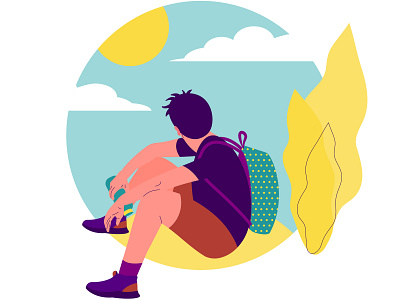 Tourist backpack character design flat illustration man nature sitting tourist vector