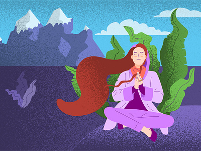 Meditator character design flat girl grainy illustration meditation mountain namaste nature noise red hair texture vector yoga