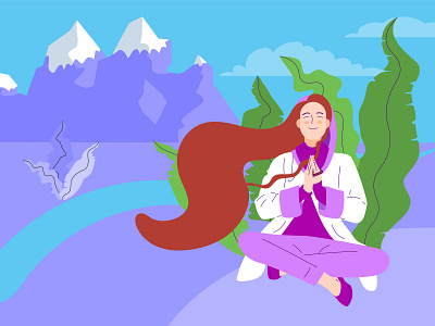 Meditator 02 adobe illustrator character design flat girl illustration landscape meditation mountains namaste redhead vector wellbeing yoga