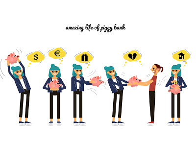 Piggy Bank 2 character couple cute design flat girl guy hipster icon illustration piggy bank savings vector web