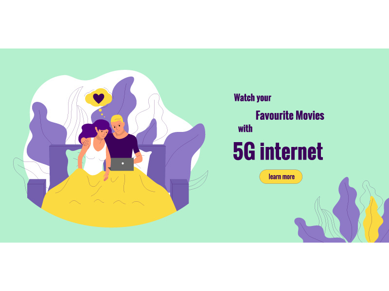 Web banner online watch movie cinema entertainment bed movie 5g banner landingpage landing web flat couple character design illustration vector