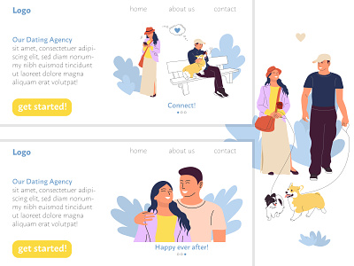 Dating agency app template agency cartoon character couple date dating design flat illustration landing page love template vector web website