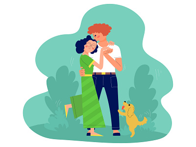 Happy couple and a puppy cartoon character couple date design dog flat girl happy hug illustration kiss love puppy relationship scene situation valentines vector