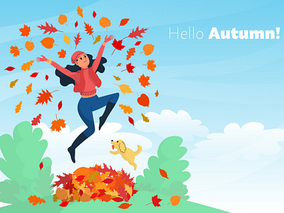 Girl with a dog in autumn park autumn autumn leaves banner cartoon character colorful copy space design dog fall flat girl happy illustration jumping park vector web