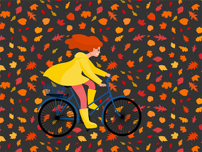 Autumn autumn bicycle cartoon character colorful design flat girl illustration leaf pattern vector