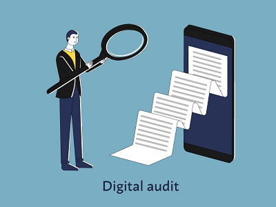 Digital audit audit business cartoon character design digital flat illustration loupe smartphone vector web