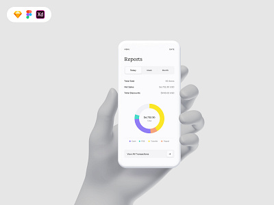 Reports screen for business to customer (B2C) analytics arotec charts discounts goods for sale hand holding phone minimal minimalism minmalist reports reports and data sales ui ui kit uiux design white space
