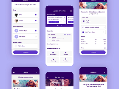 Checking Into Skiptown book booking details check out dashboard design dog flow guests mobile park payments purchase schedule ui