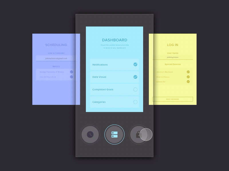 Settings animation cards dashboard login motion scheduling settings