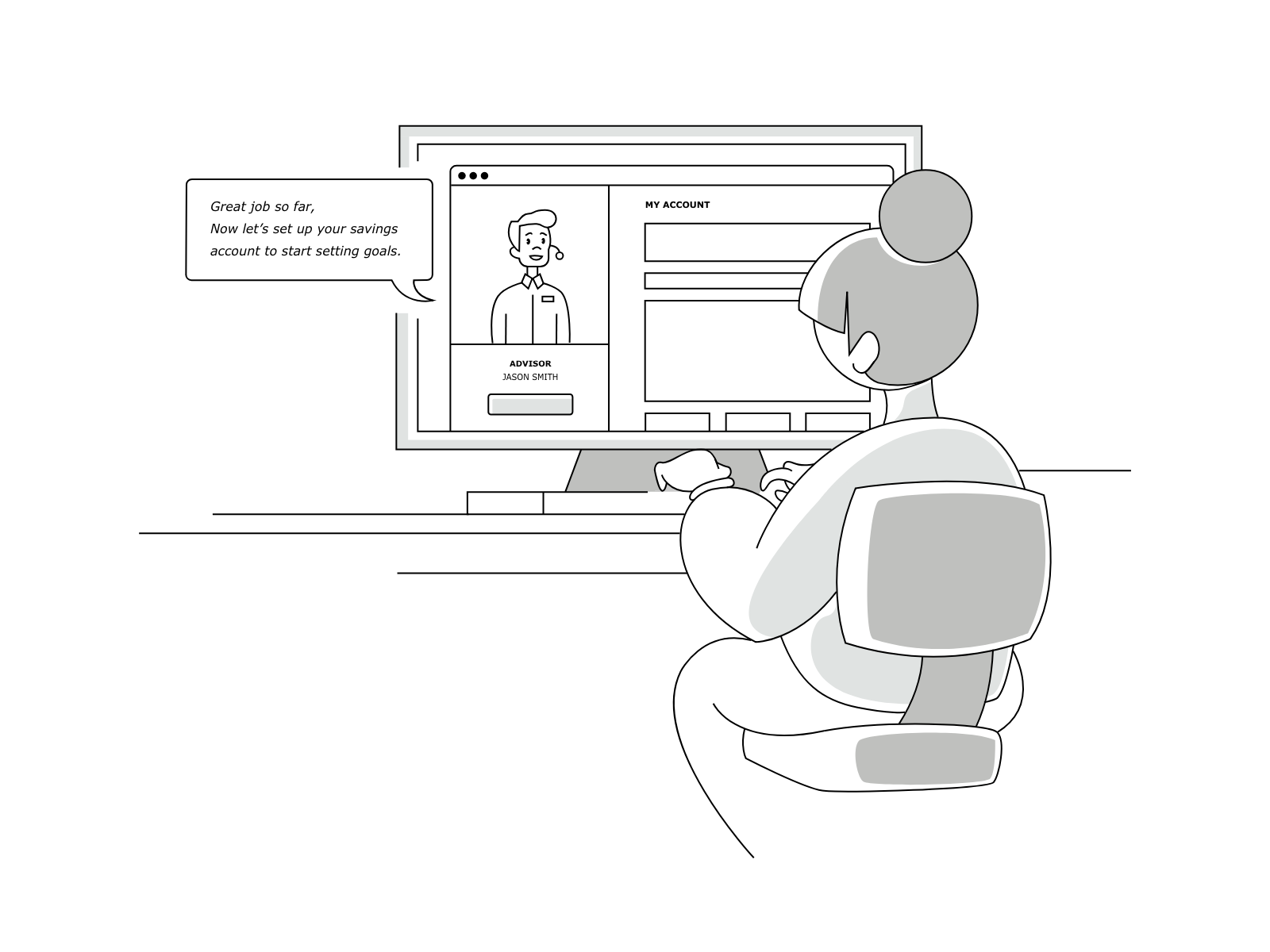 Video Support banking desktop greyscale help illustration video chat workstation