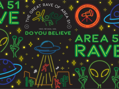 Area 51 Rave alien design festival festival ticket illustration planet spaceship stars