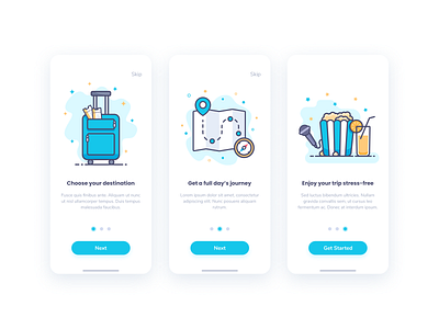 A Day's Journey app blue compass design figma illustration journey juice location luggage map microphone onboarding popcorn relax sketch tickets travel trip ui