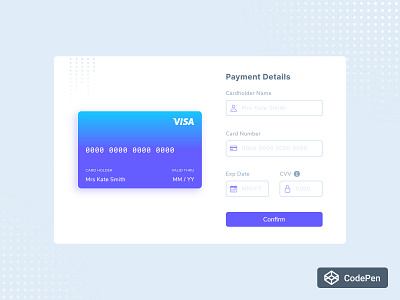 Payment Details - Pure JS buy card checkout codepen credit card design ecommerce figma form gradient input field javascript pay payment pure js sass sketch ui