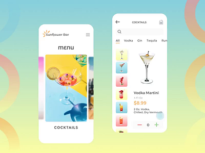 Bar App animated app app design bar app blue card cards cocktails color colorful design figma gradient interaction menu menu bar mobile mobile app summer ui