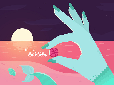 Hello Dribbble! 2d debute flat hello dribbble hello dribble illustration illustrator mermaid sea sea illustration shell vector