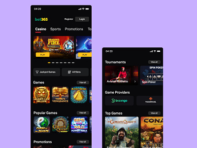 Casino app app design betting casino casino games clean dark app dark ui design figma games ios app ios app design mobile slot ui