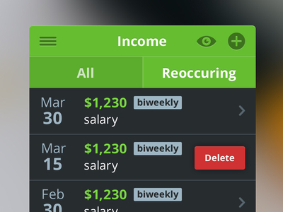 Income Screen app delete design filter finance flat ios iphone ui ux